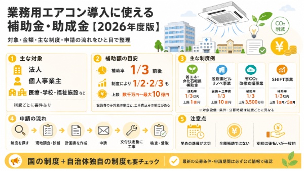業務用エアコンに対する補助金・助成金のインフォグラフィック