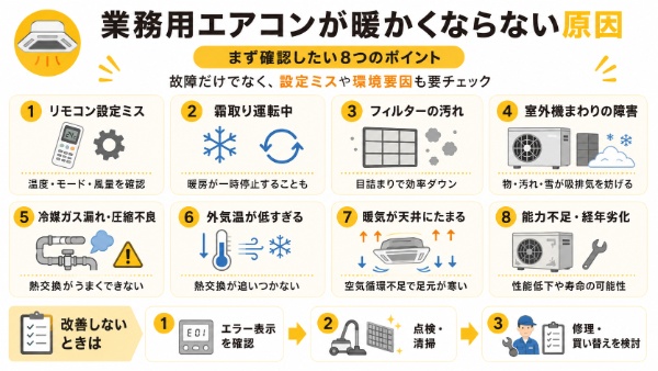 業務用エアコンが暖かくならない原因図解