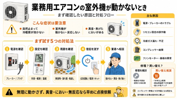 業務用エアコンの室外機が動かないときのインフォグラフィック