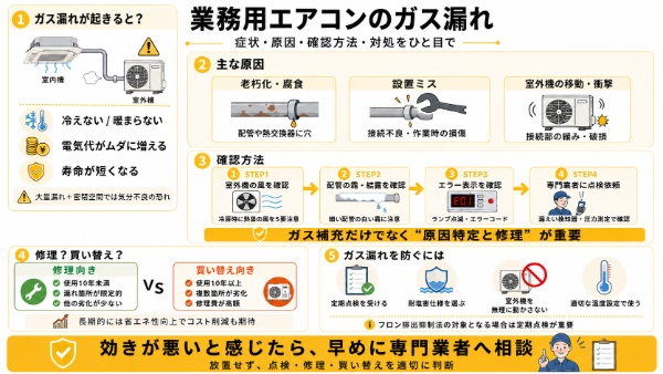 業務用エアコンのガス漏れのインフォグラフィック