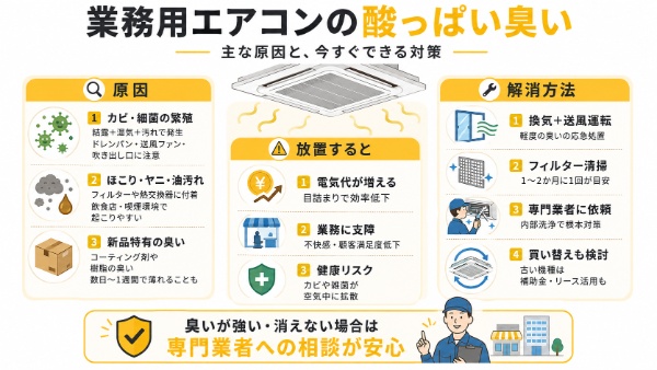 業務用エアコンから酸っぱい臭いがするときのインフォグラフィック
