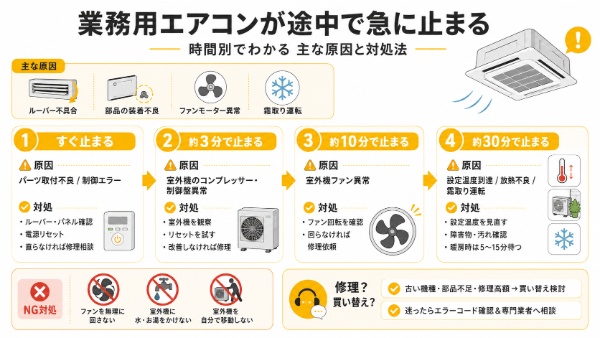 業務用エアコンが途中で急に止まるときのインフォグラフィック