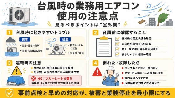 台風時における業務用エアコン使用の注意点のインフォグラフィック