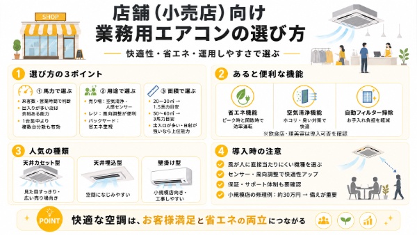 店舗(小売店)での業務用エアコンについてのインフォグラフィック