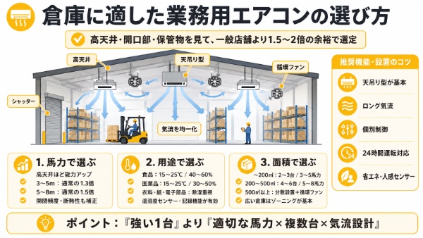 倉庫に適した業務用エアコンについてのインフォグラフィック